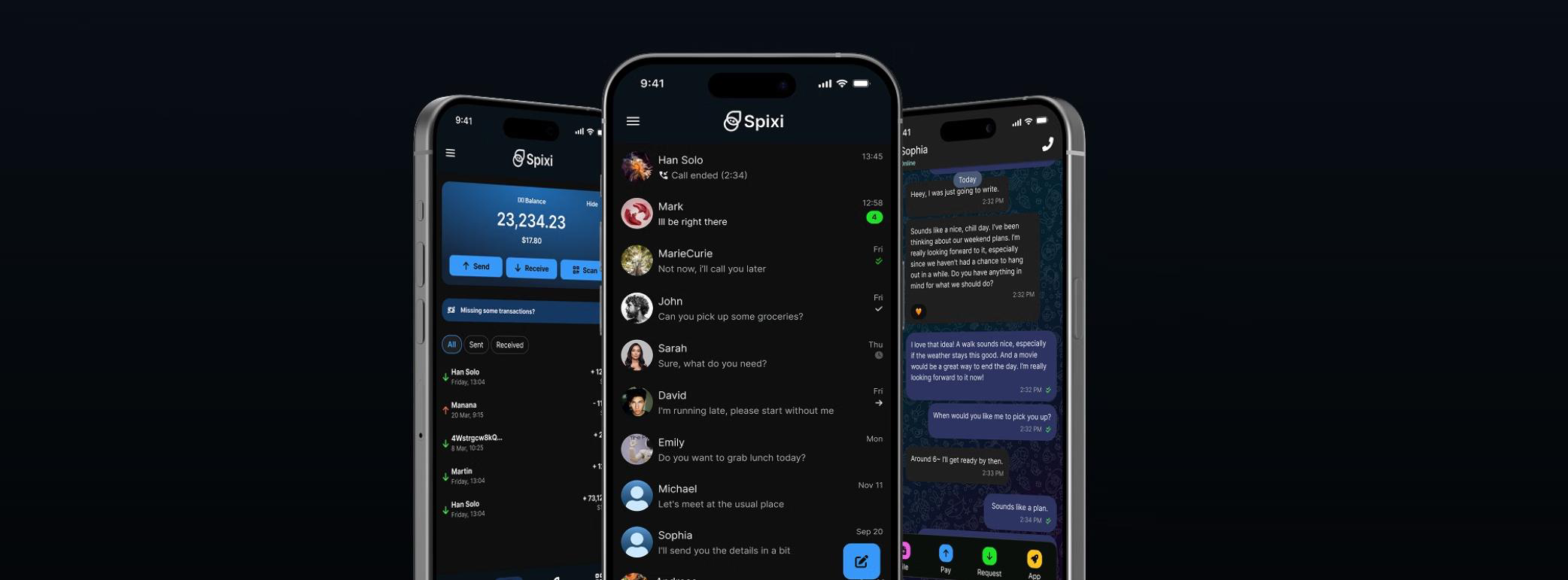 Spixi app: wallet balance, chat list and conversation screens